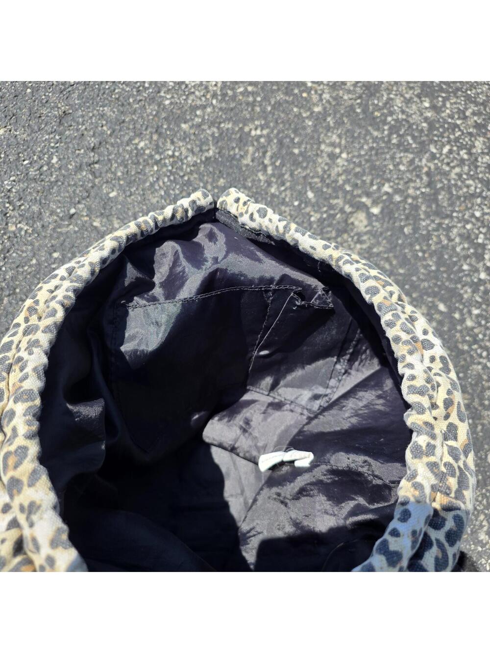 Leopard Print Vegan Leather Straps 90's Grunge Indie Sleaze Drawstring Backpack - Picture 7 of 8